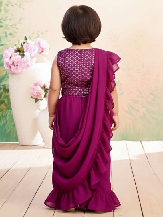 girls solid ruffle pre draped saree - 22265753 -  Standard Image - 2