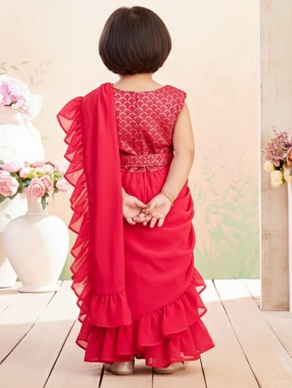 girls solid ruffle pre draped saree - 22265754 -  Standard Image - 2