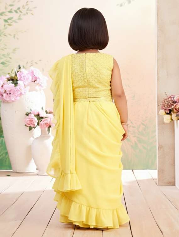 girls solid ruffle pre draped saree - 22265755 -  Standard Image - 2