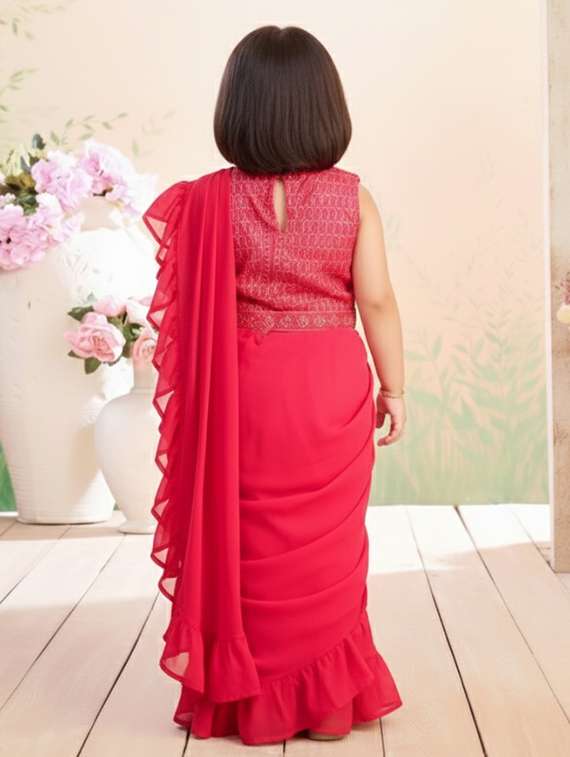 girls solid ruffle pre draped saree - 22265756 -  Standard Image - 2