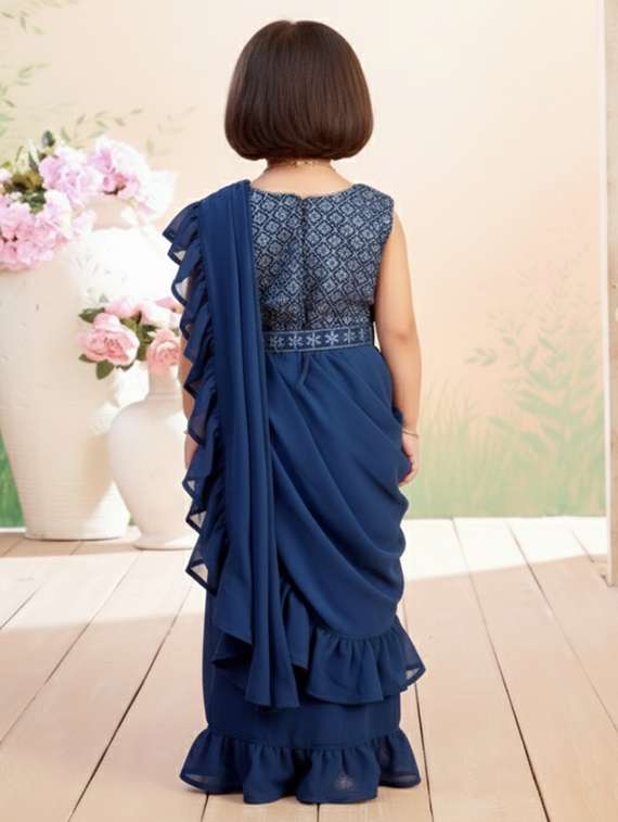 girls solid ruffle pre draped saree - 22265757 -  Standard Image - 2