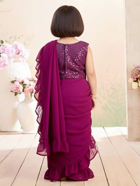 girls solid ruffle pre draped saree - 22265758 -  Standard Image - 2