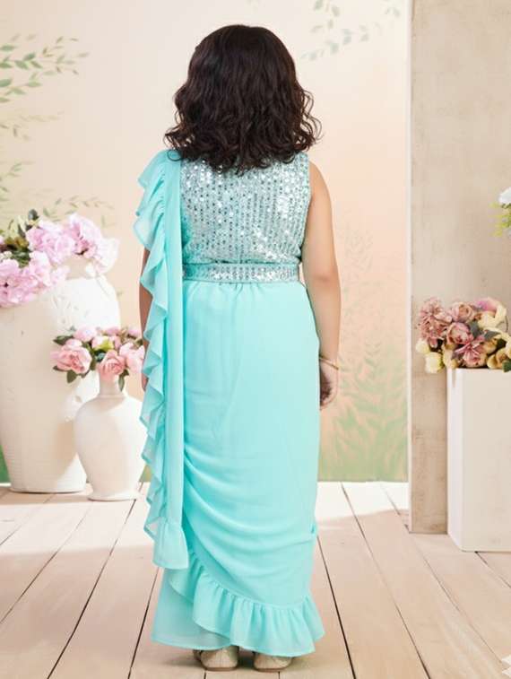 girls solid ruffled ready to wear saree - 22265759 -  Standard Image - 2