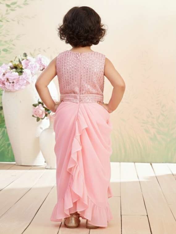 girls solid ruffle pre draped saree - 22265760 -  Standard Image - 2