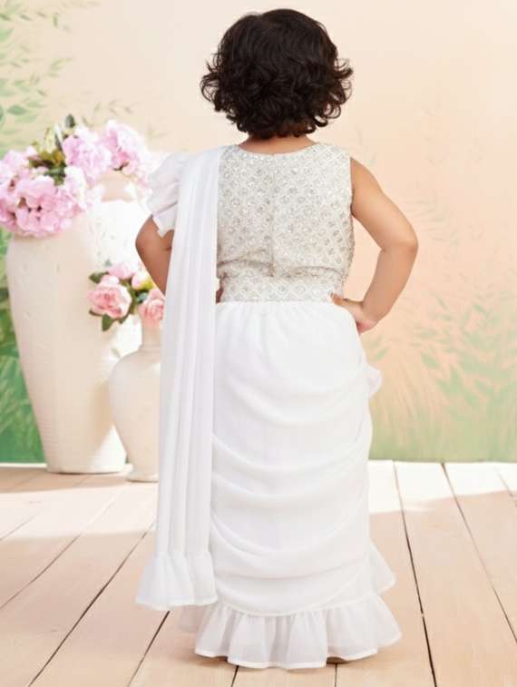 girls solid ruffle pre draped saree - 22265762 -  Standard Image - 2