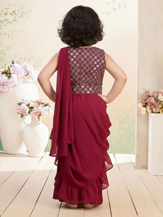 girls solid ruffle pre draped saree - 22265763 -  Standard Image - 2