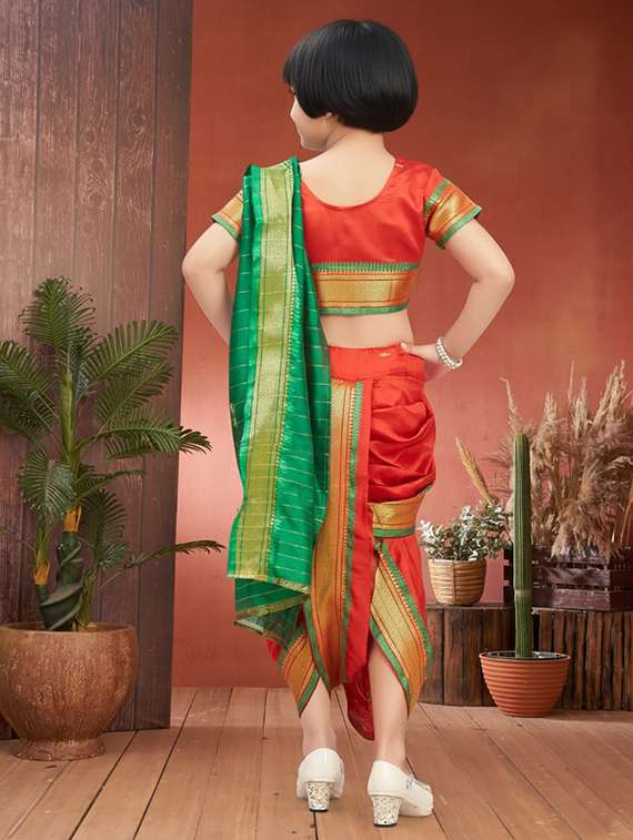 girls solid bordered ready to wear nauvari saree - 22265770 -  Standard Image - 2
