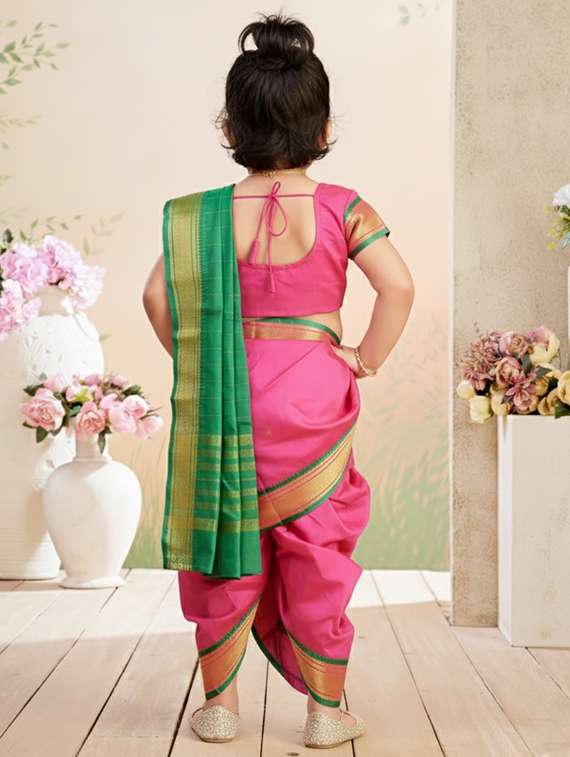girls solid bordered ready to wear nauvari saree - 22265776 -  Standard Image - 2