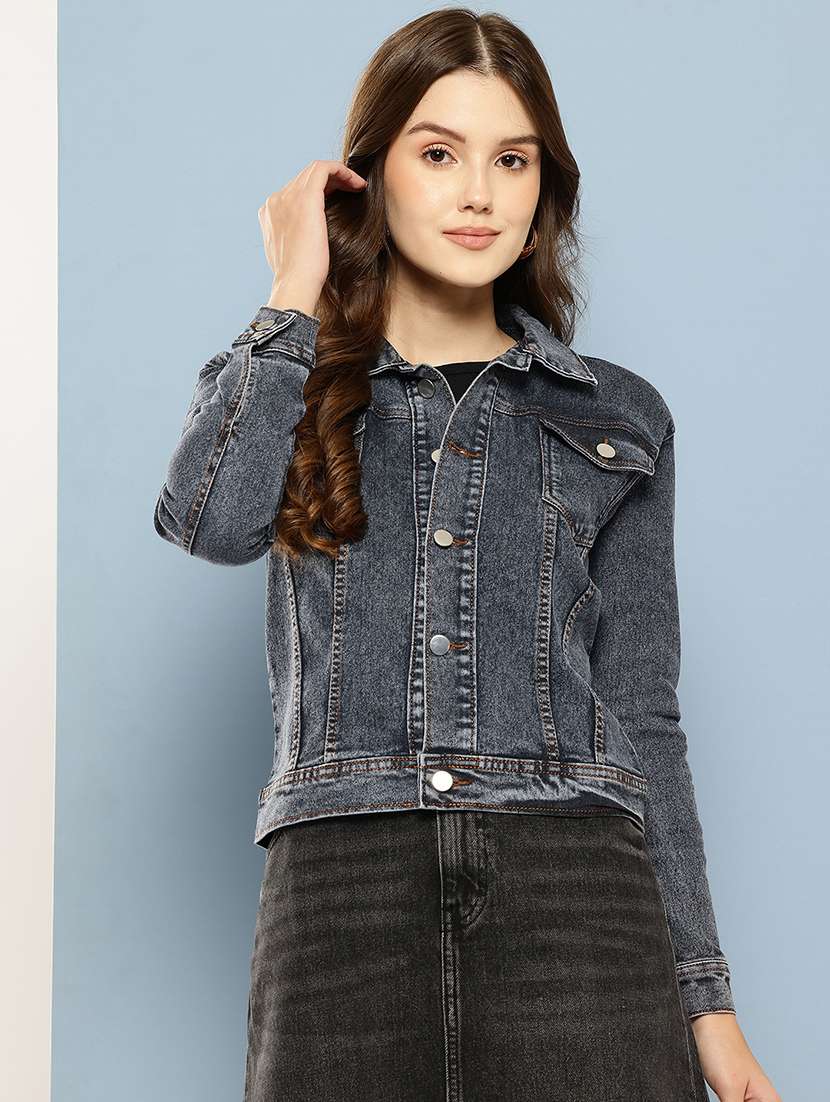 women solid long sleeve denim jacket