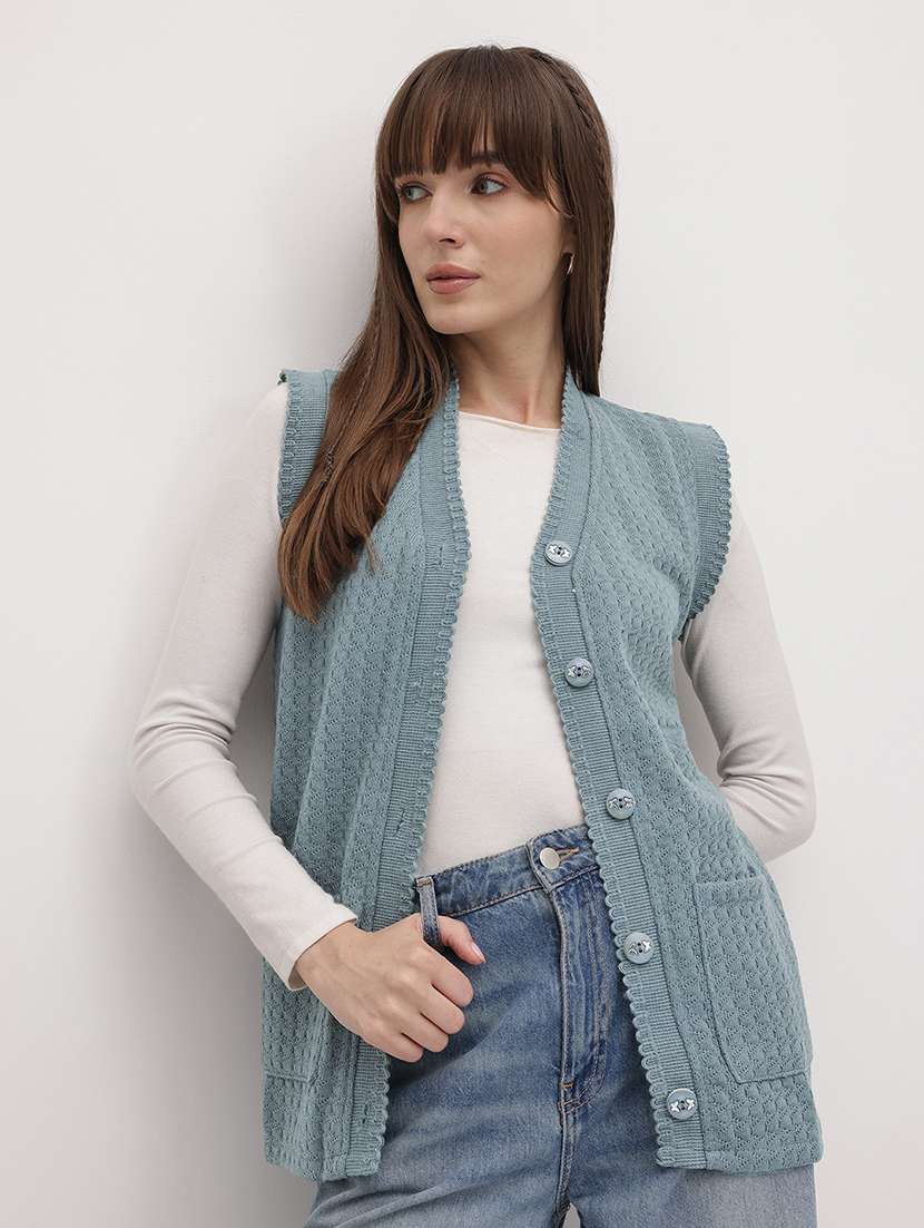 women self designed sleeveeless cardigan - 22265879 -  Standard Image - 2