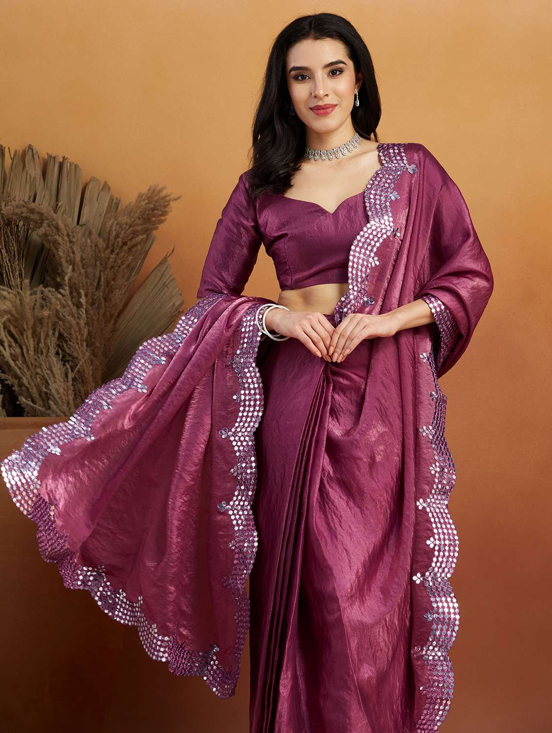 women solid with bordered ready to wear saree with blouse - 22265904 -  Standard Image - 2