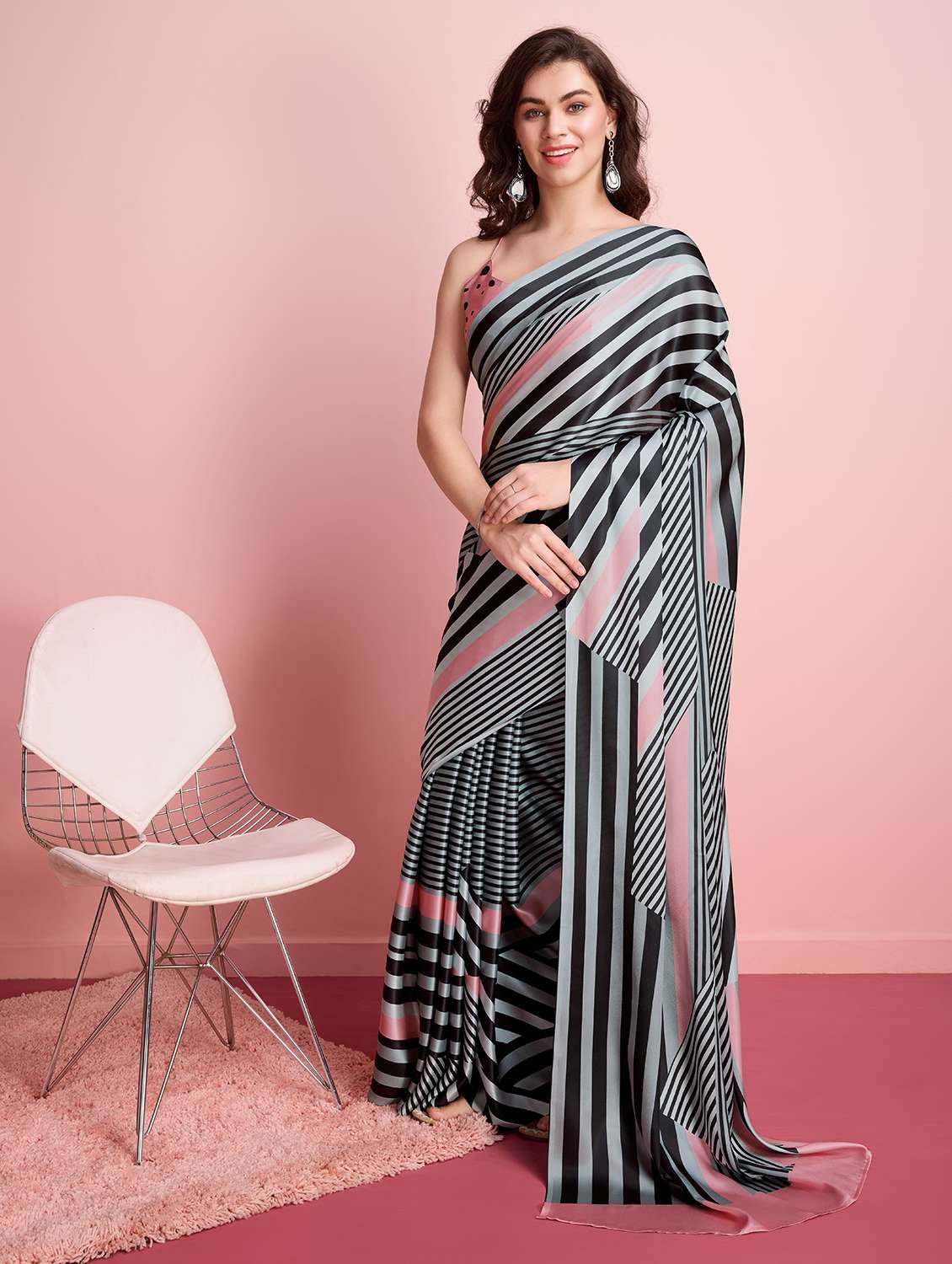 women striped casual wear saree with blouse
