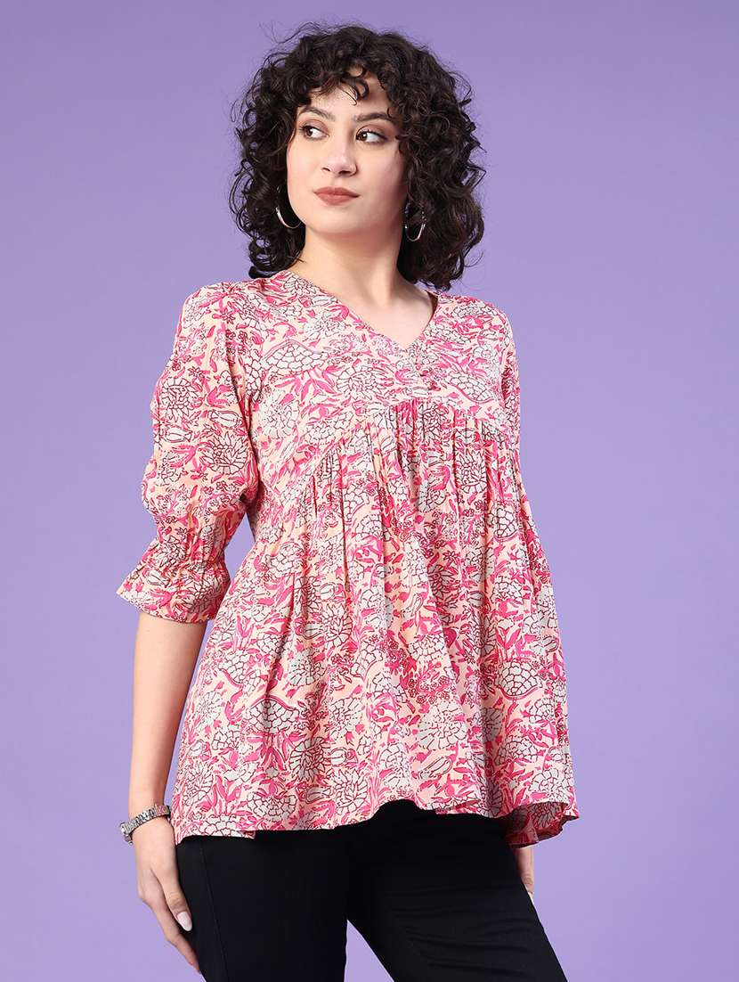 women floral puff sleeve flared tunic - 22266153 -  Standard Image - 2