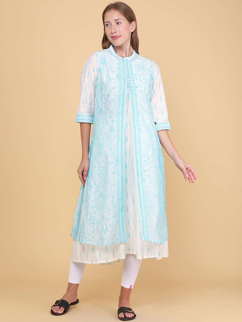 women printed three quarter sleeves kurta with jacket - 22266198 -  Standard Image - 2
