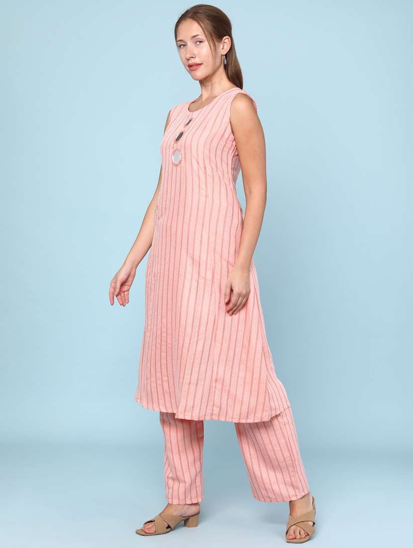 women striped sleeveless ethnic co-ord set