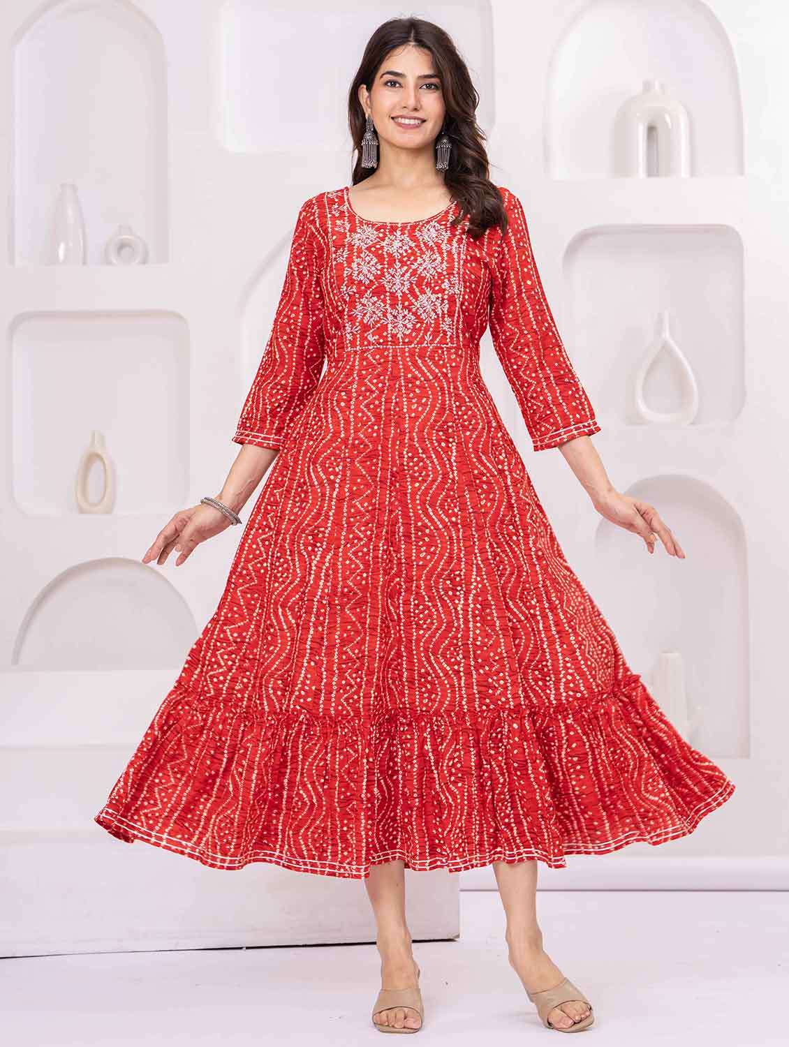 women bandhani three quarter sleeve tiered ethnic dress