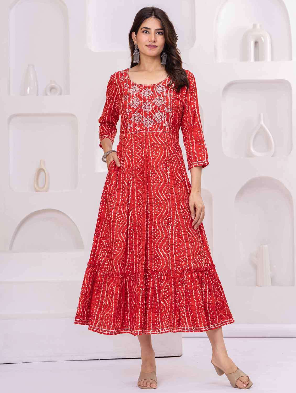 women bandhani three quarter sleeve tiered ethnic dress - 22266713 -  Standard Image - 2