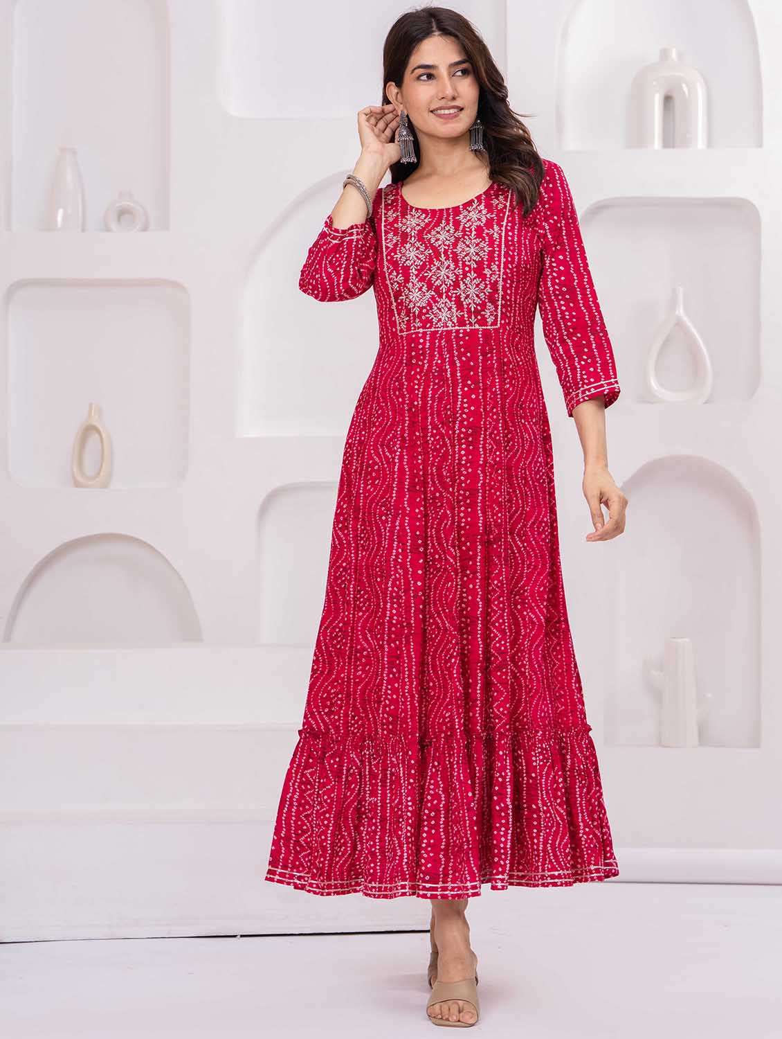 women bandhani three quarter sleeve tiered ethnic dress - 22266714 -  Standard Image - 2