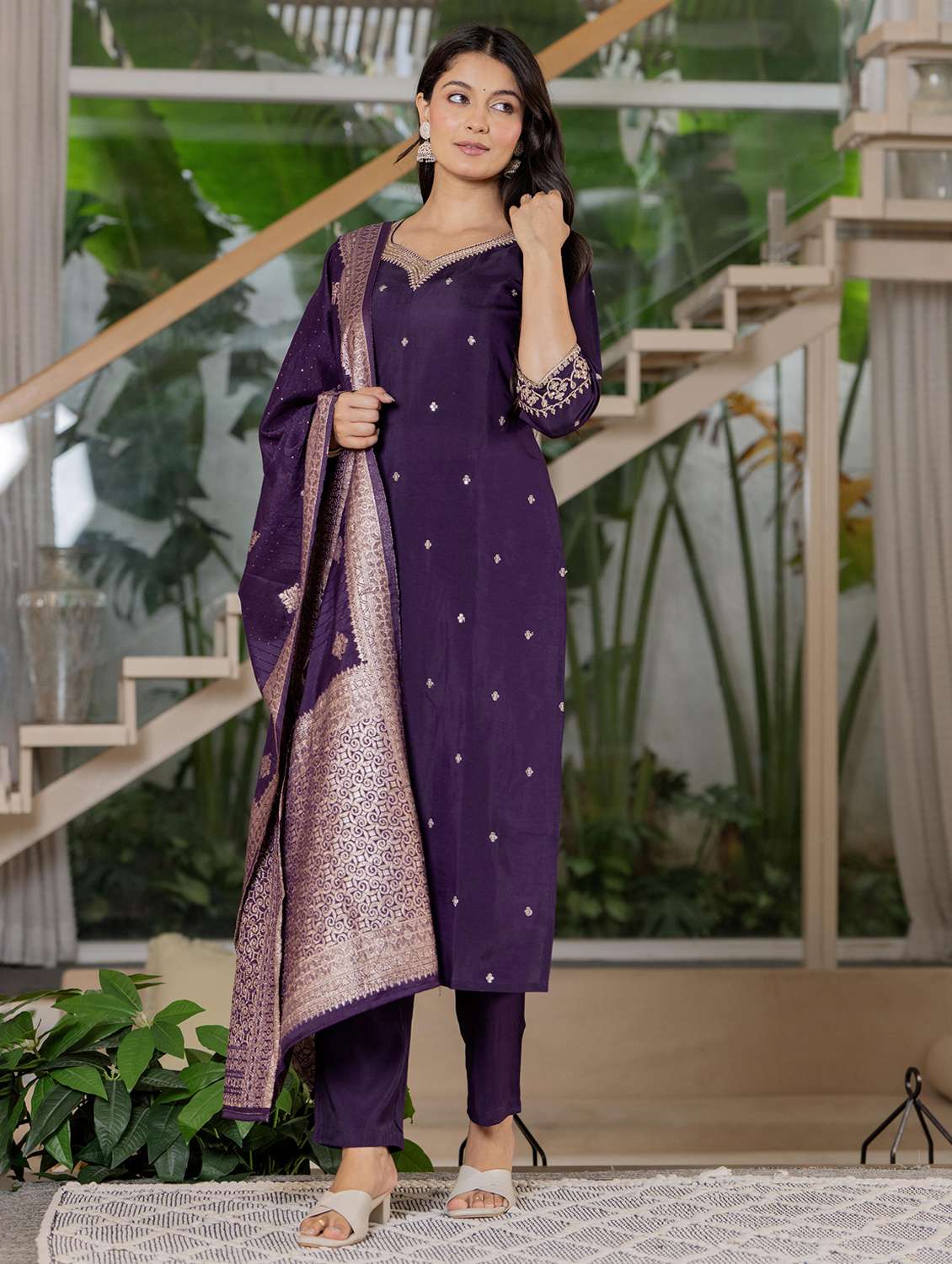 women solid with work three quarter sleeve kurta pant with dupatta set - 22266758 -  Standard Image - 2