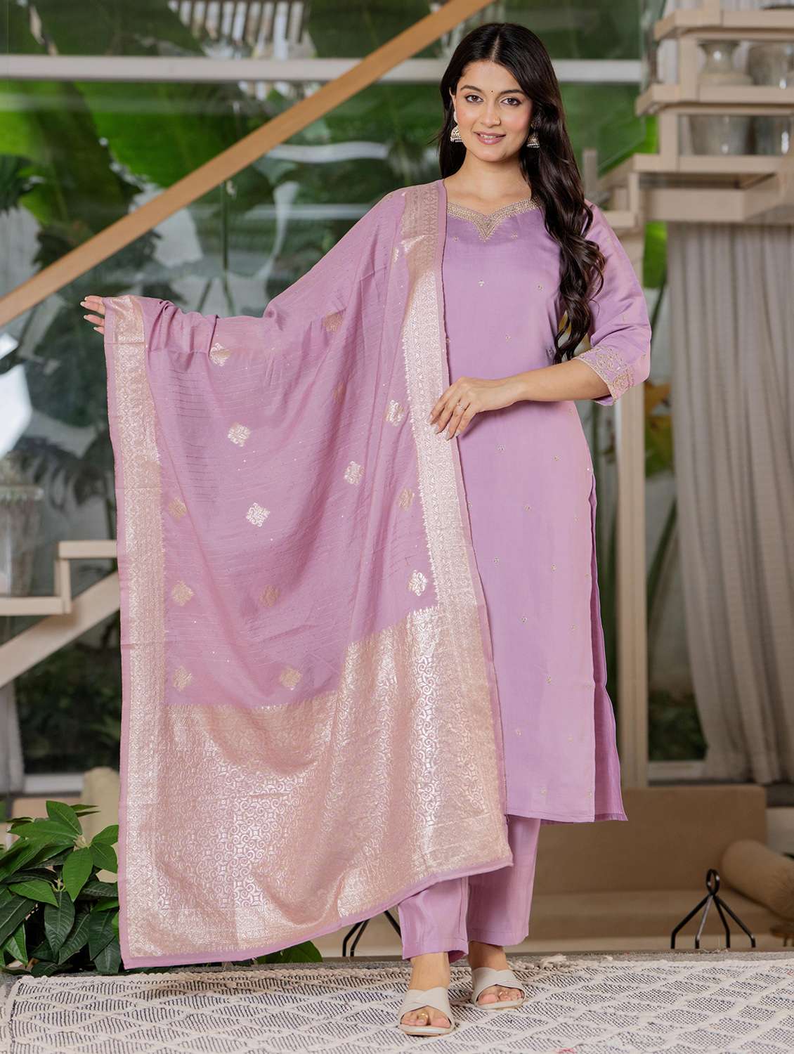 women solid with work three quarter sleeve kurta pant with dupatta set