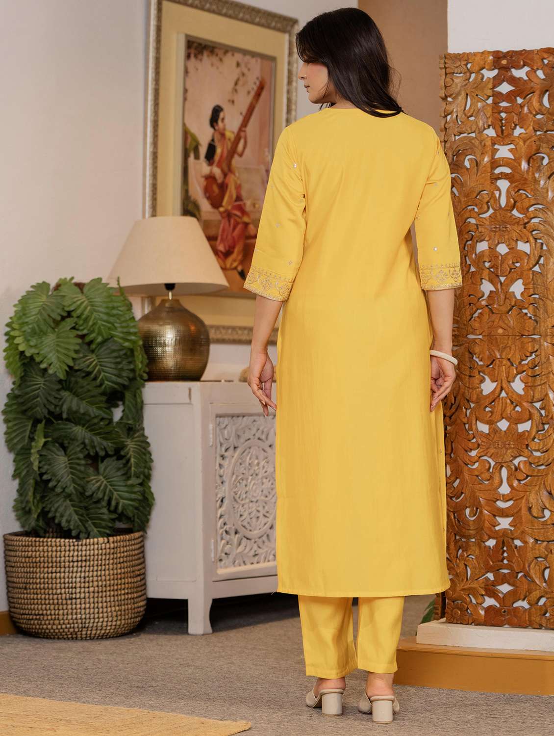 women solid with work three quarter sleeve kurta pant with dupatta set - 22266763 -  Standard Image - 2