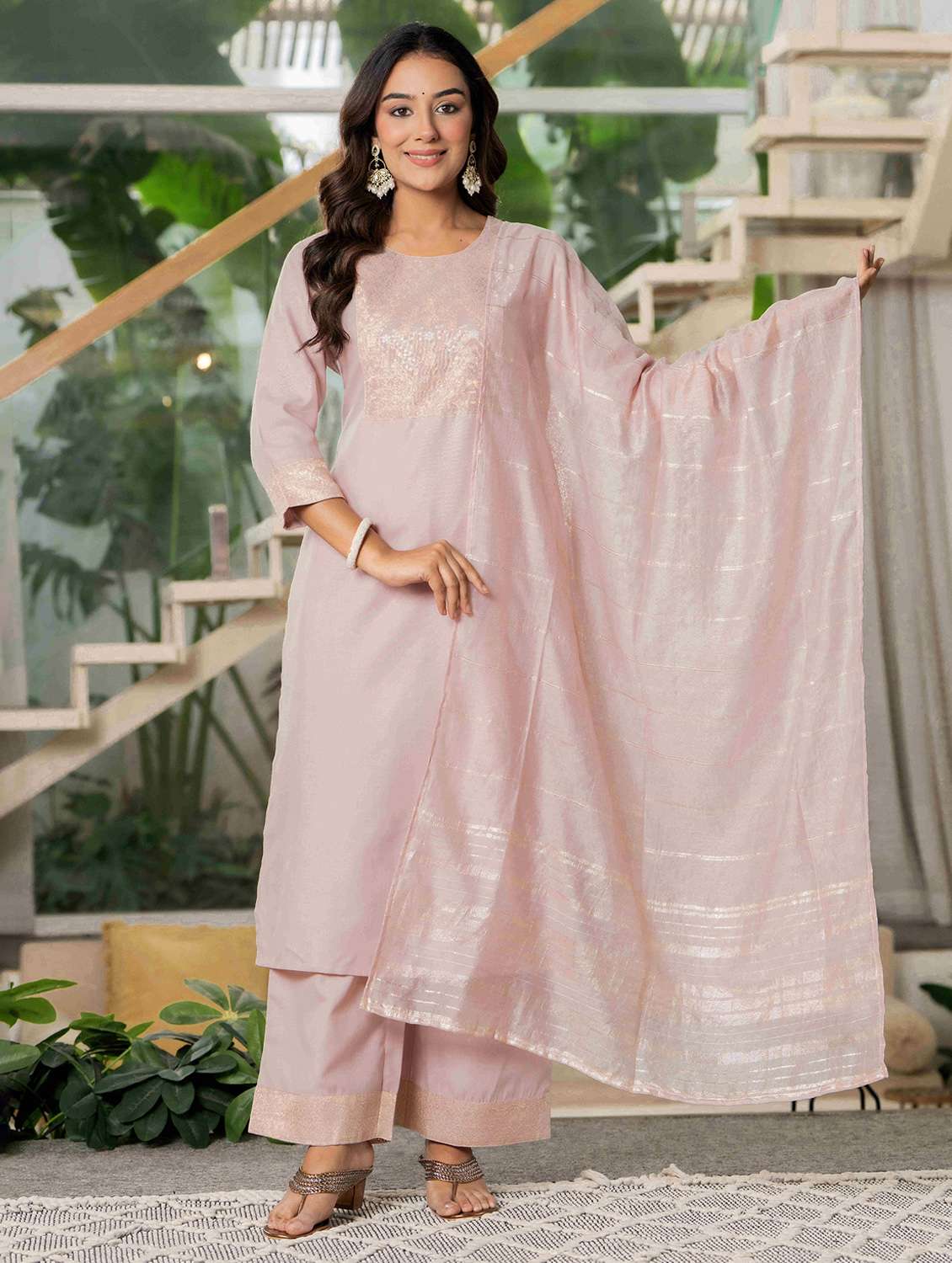 women self design three quarter sleeve kurta palazzo with dupatta set