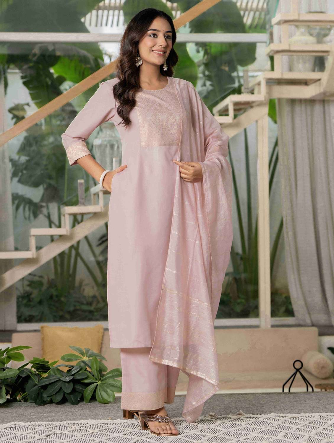 women self design three quarter sleeve kurta palazzo with dupatta set - 22266769 -  Standard Image - 2