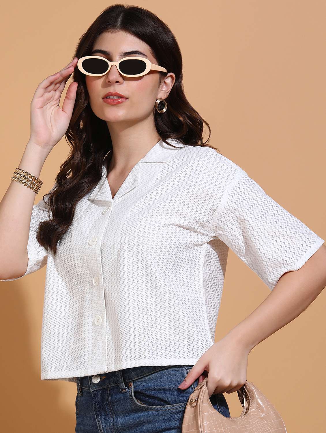 women self design drop sleeve shirt top