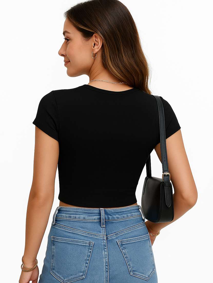 women solid short sleeve crop top - 22267725 -  Standard Image - 2