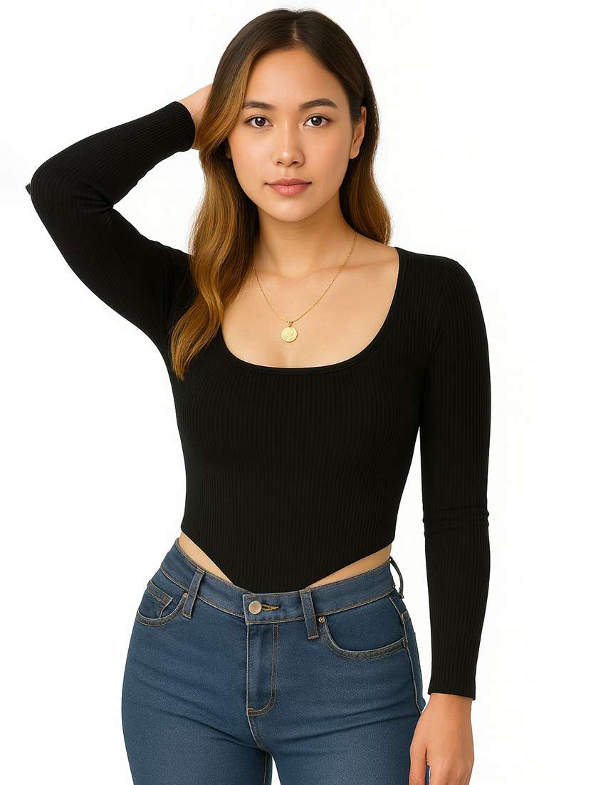 women solid scoop neck long sleeve top