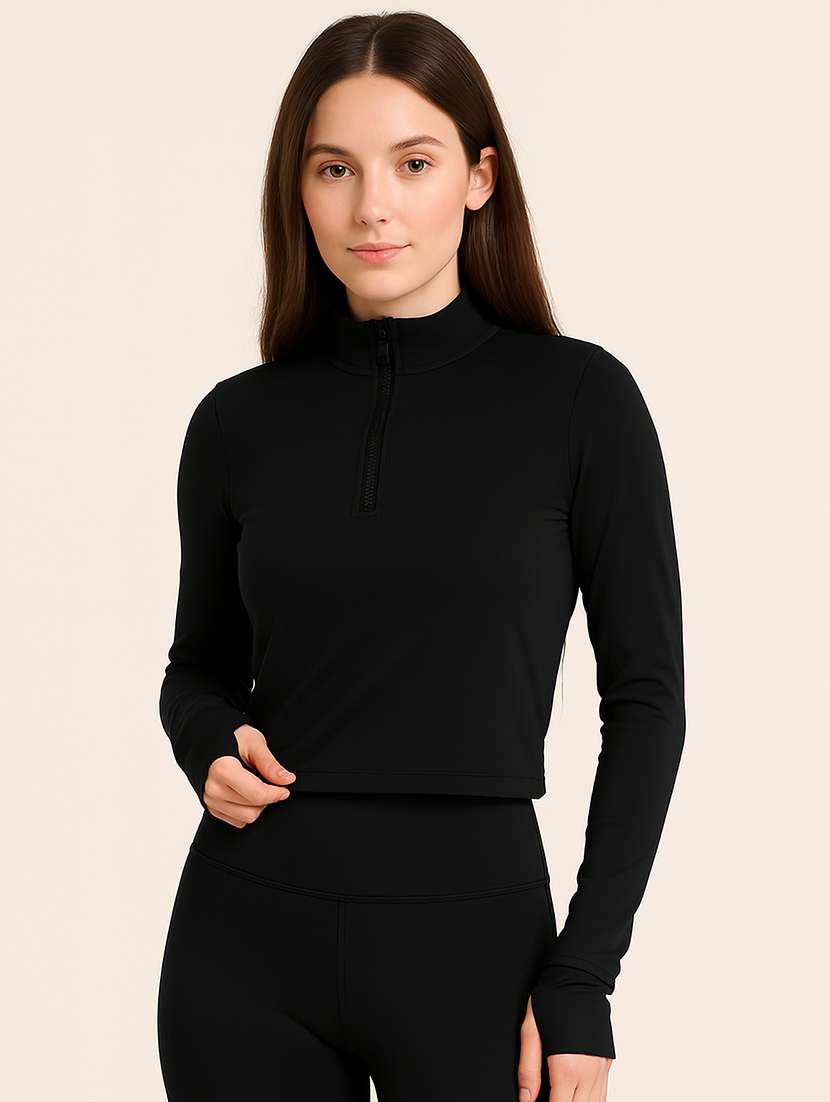 women solid mock neck long sleeve crop top