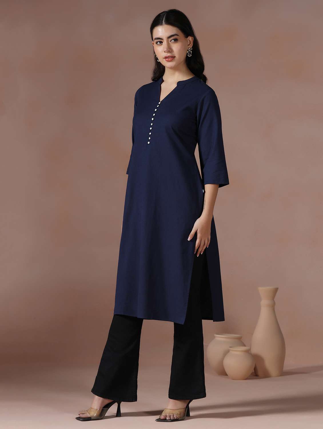 women solid three quarter sleeve straight kurta  - 22267746 -  Standard Image - 2
