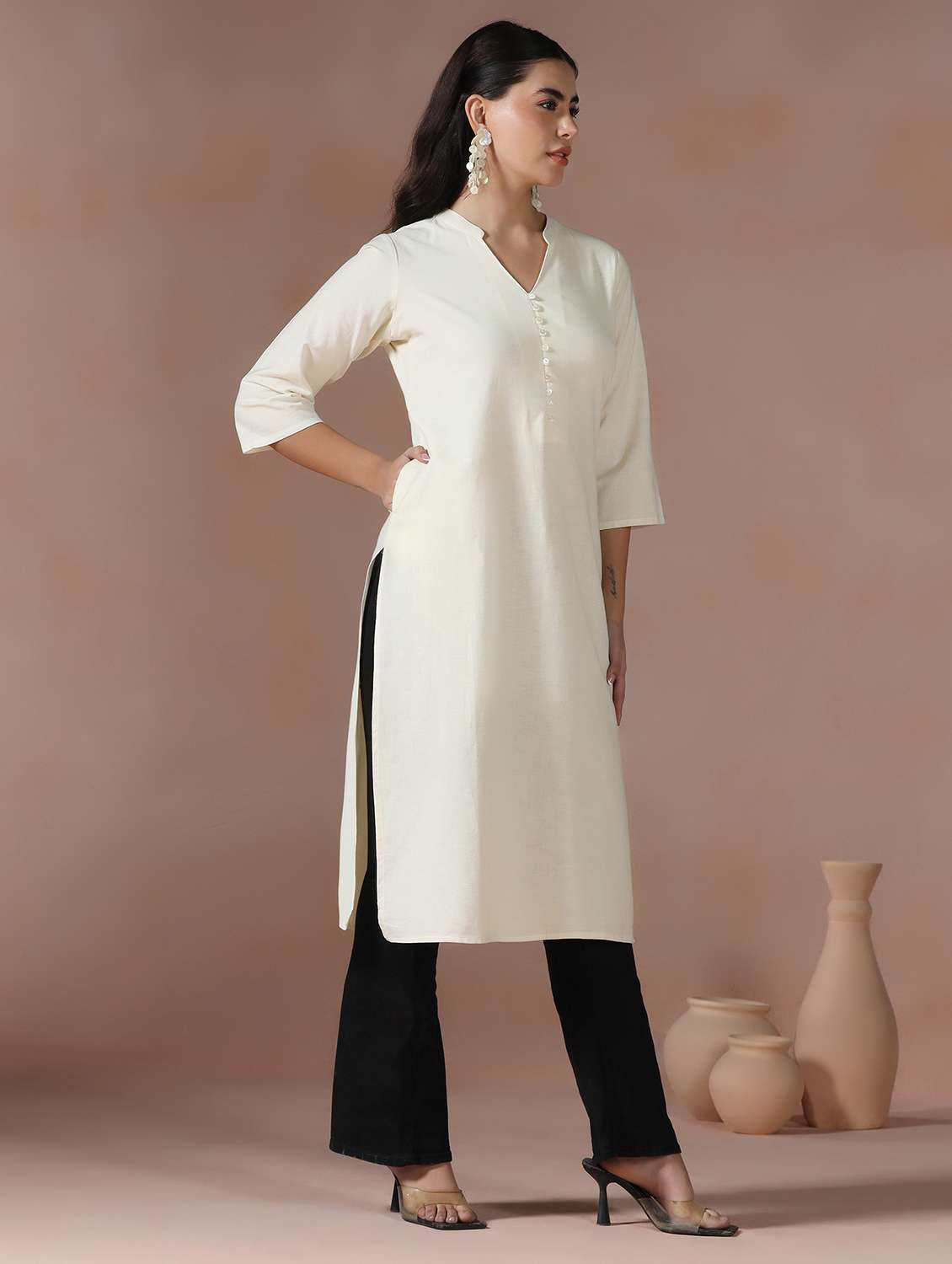 women solid three quarter sleeve straight kurta  - 22267747 -  Standard Image - 2