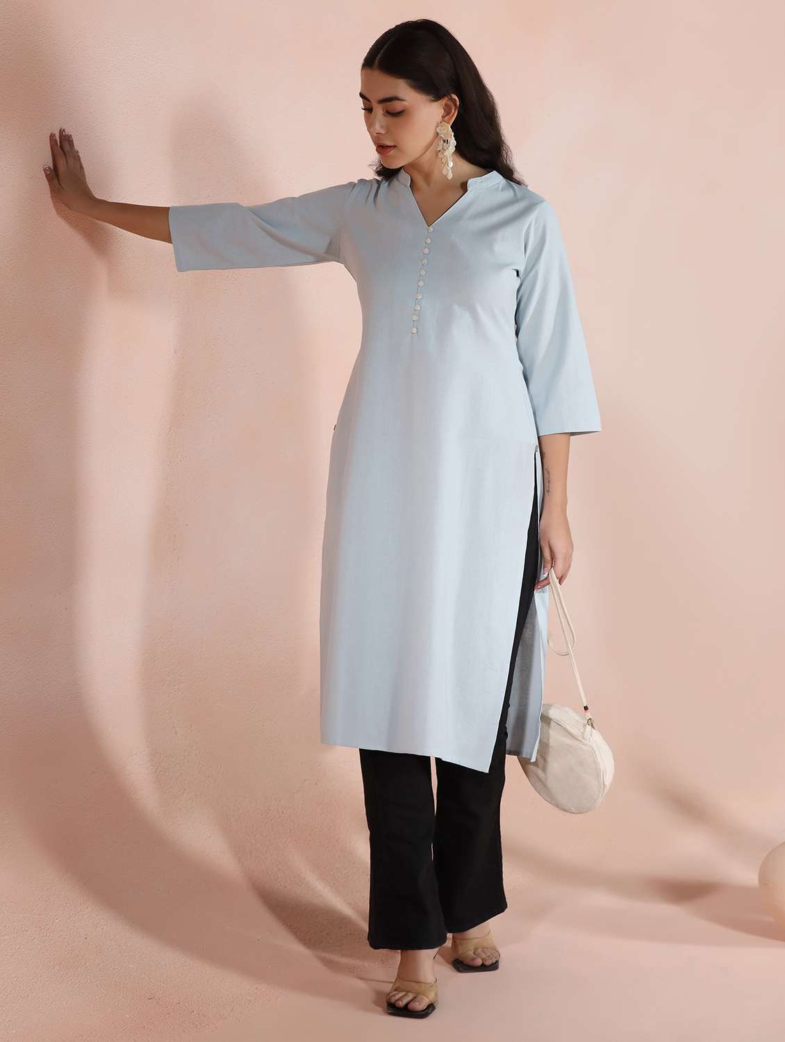 women solid three quarter sleeve straight kurta  - 22267748 -  Standard Image - 2