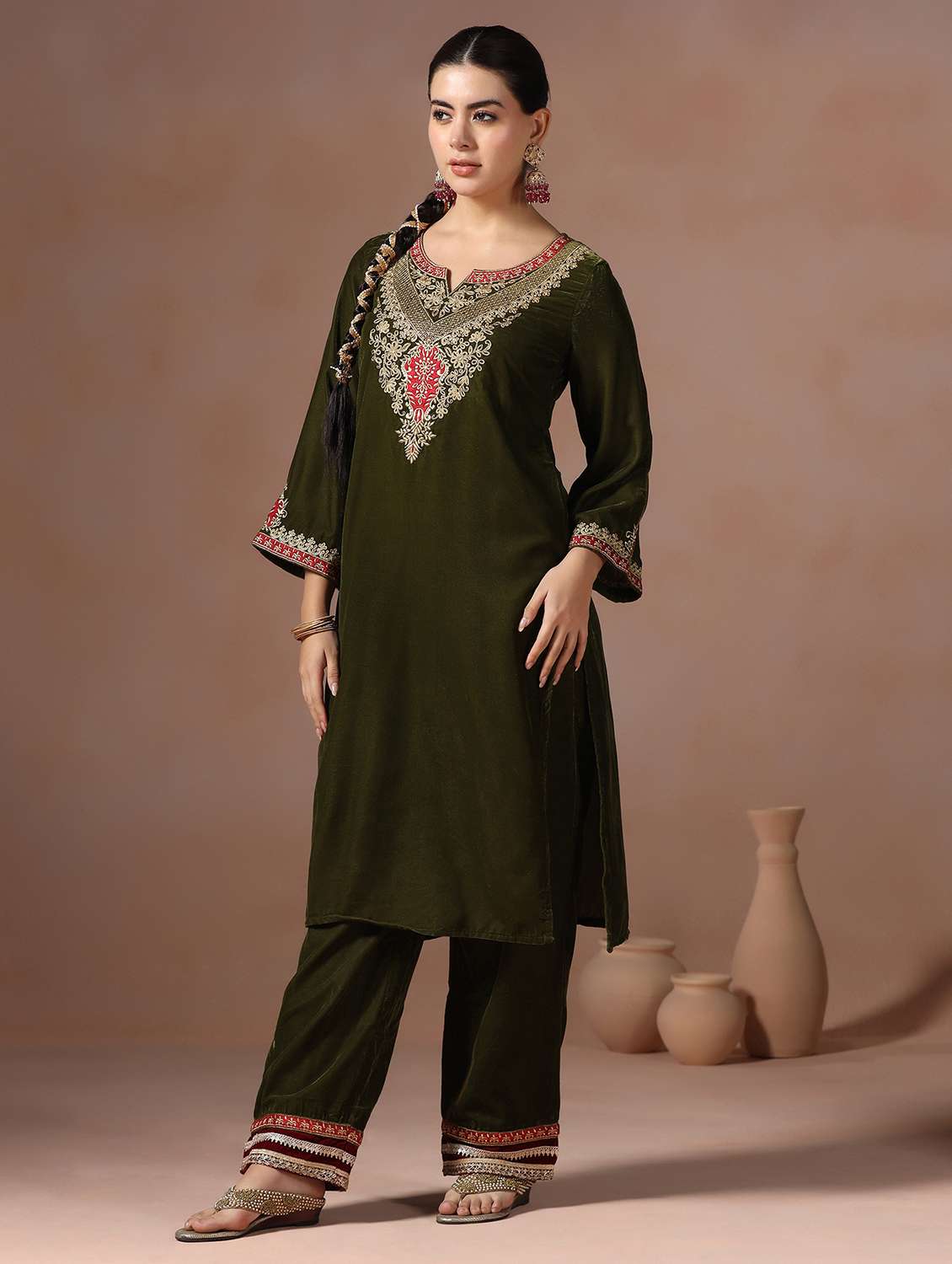 women solid with work long sleeve kurta pant with dupatta set - 22267774 -  Standard Image - 2