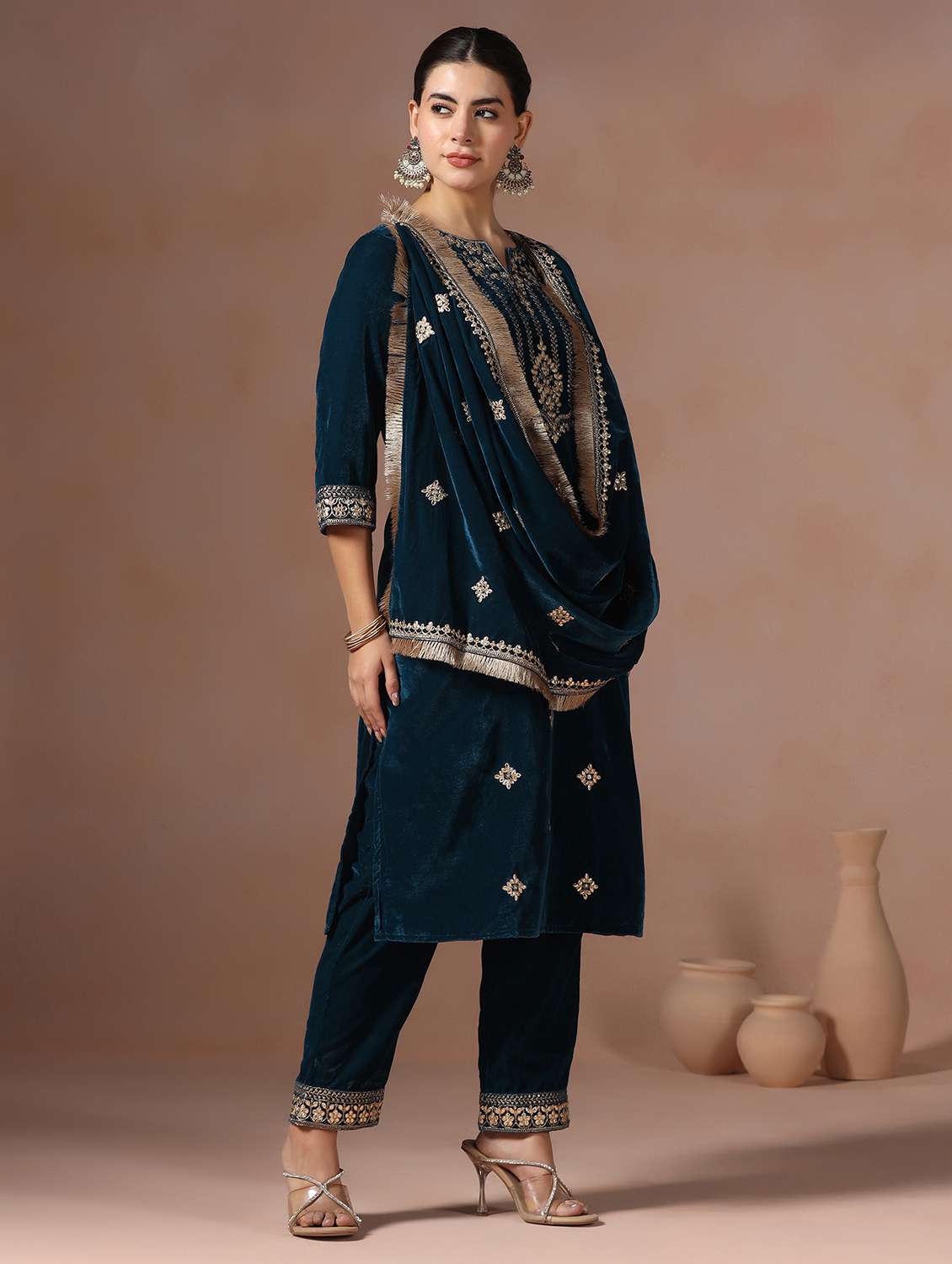 women solid with work long sleeve kurta pant with dupatta set - 22267809 -  Standard Image - 2