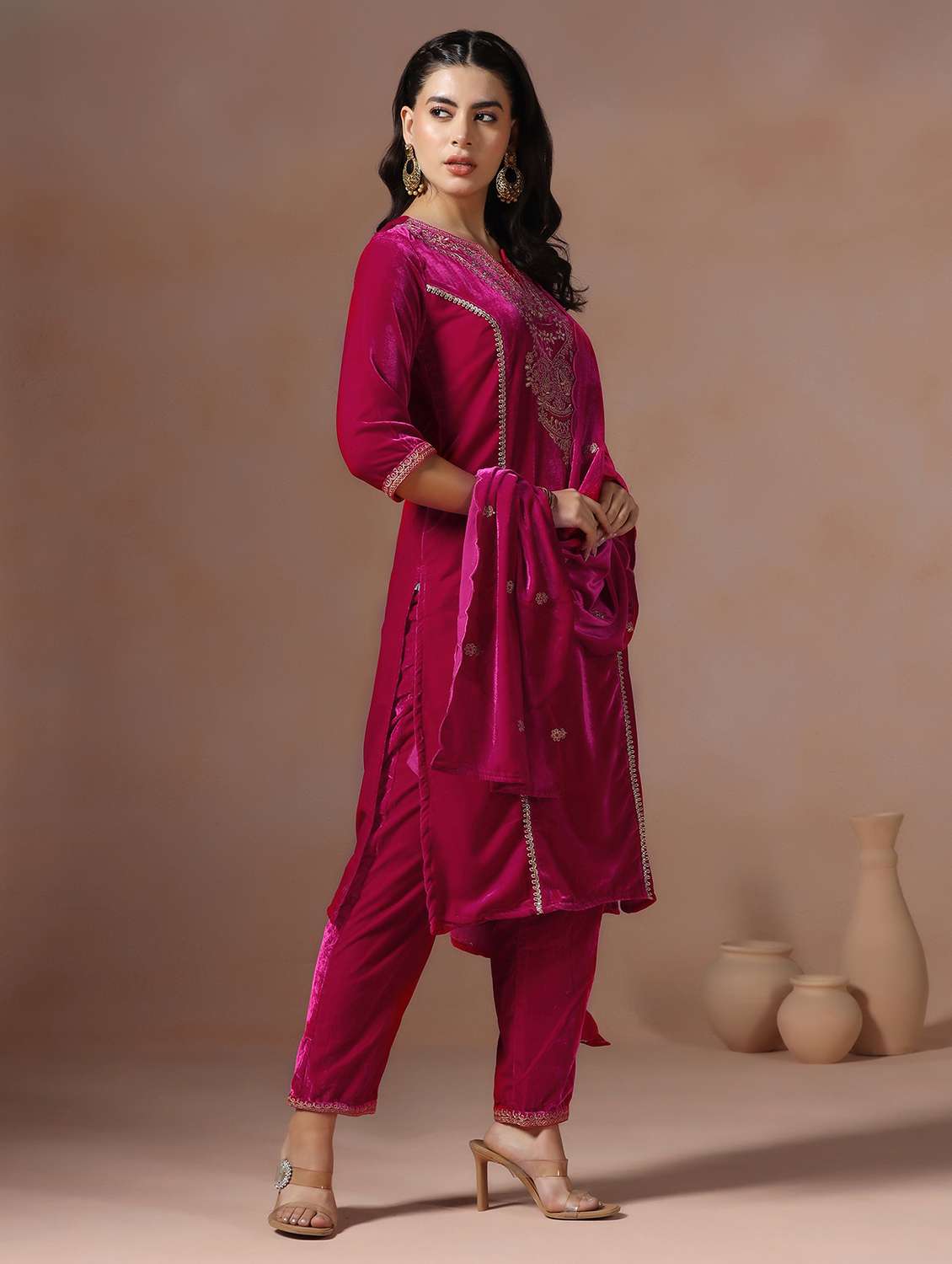 women solid with work three quarter sleeve kurta pant with dupatta set - 22267810 -  Standard Image - 2