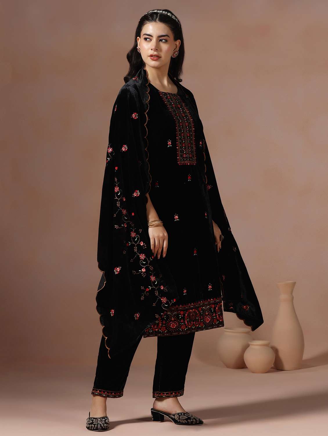 women solid with work three quarter sleeve kurta pant with dupatta set - 22267811 -  Standard Image - 2