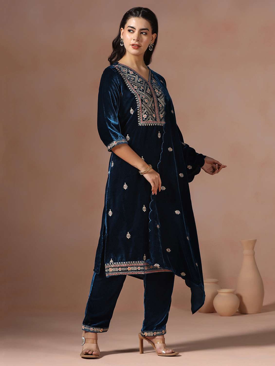 women solid with work three quarter sleeve kurta pant with dupatta set - 22267812 -  Standard Image - 2