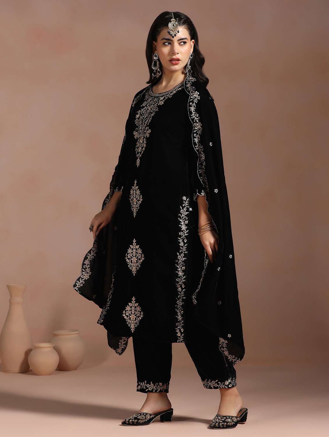 women solid with work three quarter sleeve kurta pant with dupatta set - 22267813 -  Standard Image - 2