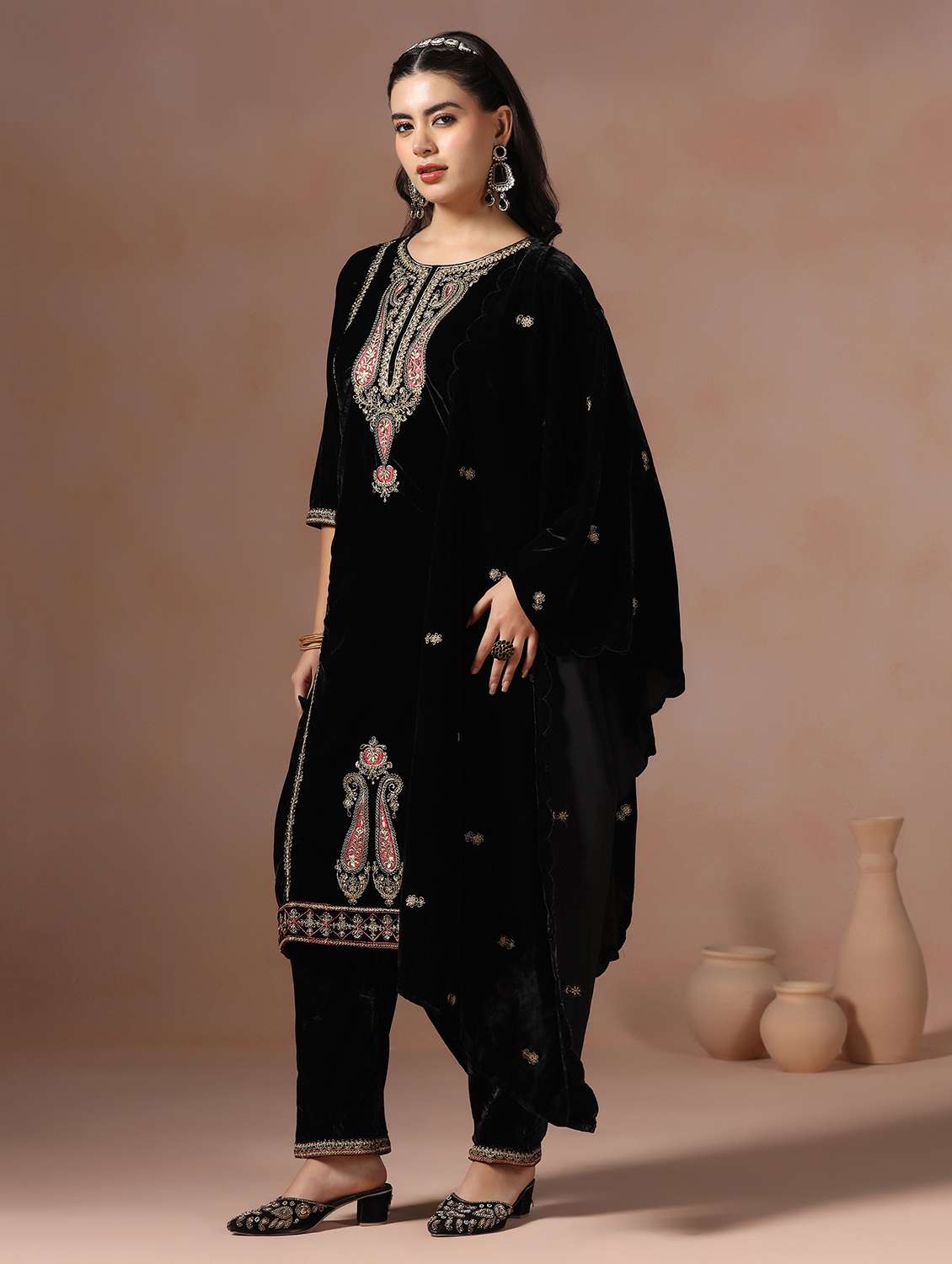 women solid with work three quarter sleeve kurta pant with dupatta set - 22267814 -  Standard Image - 2