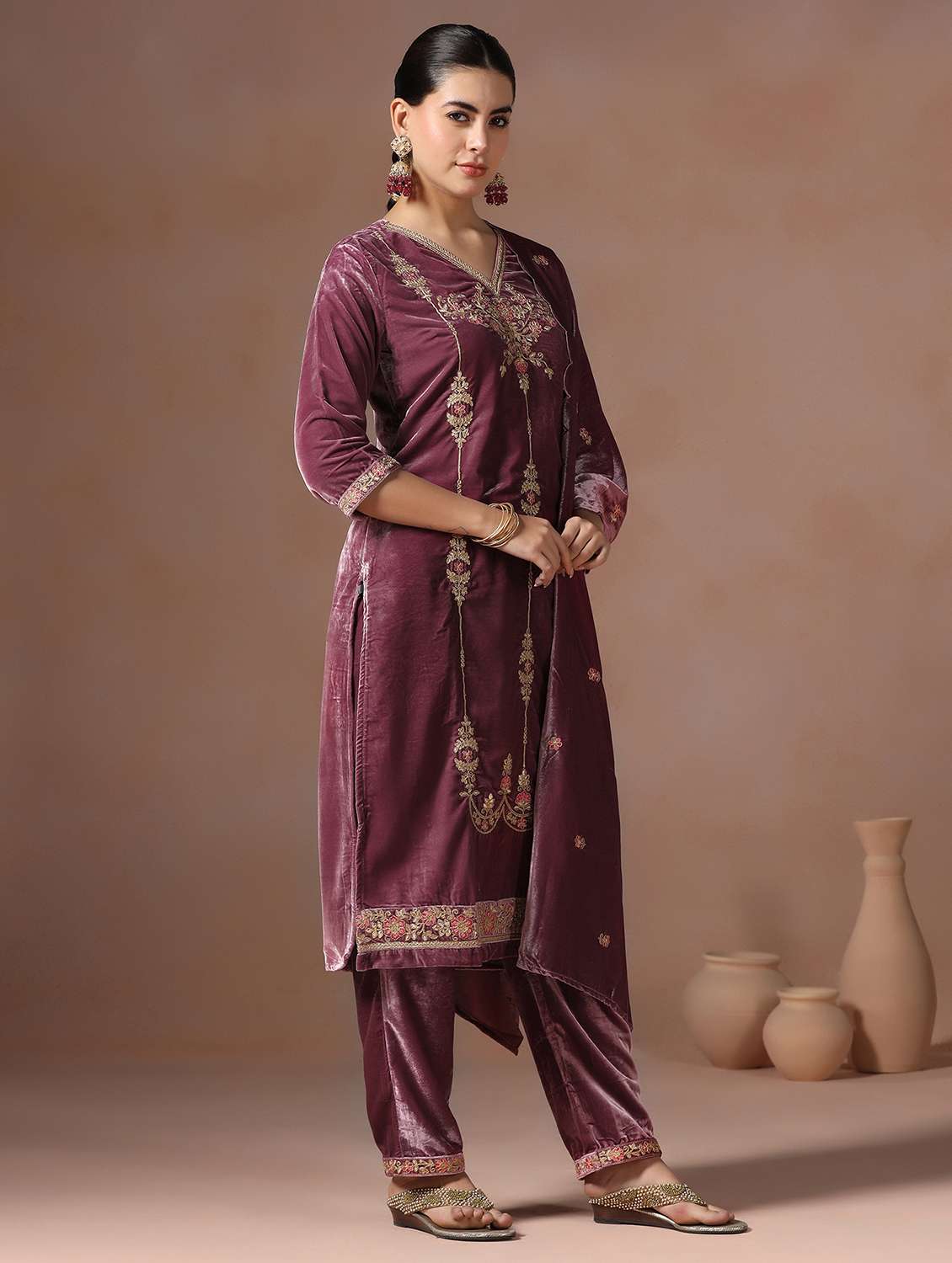 women solid with work three quarter sleeve kurta pant with dupatta set - 22267815 -  Standard Image - 2