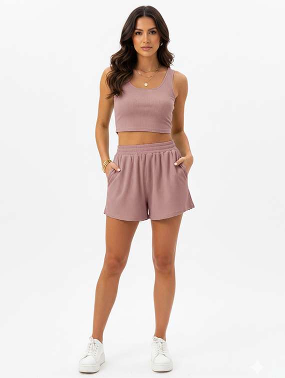 women solid top and shorts co-ord set