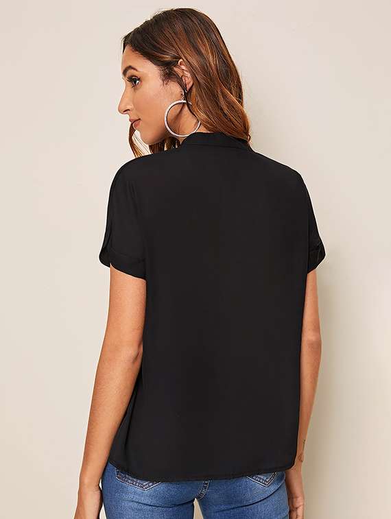 women solid mandarin neck short sleeve top - 22268026 -  Standard Image - 2