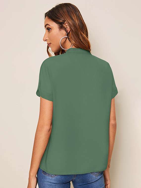 women solid mandarin neck short sleeve top - 22268027 -  Standard Image - 2