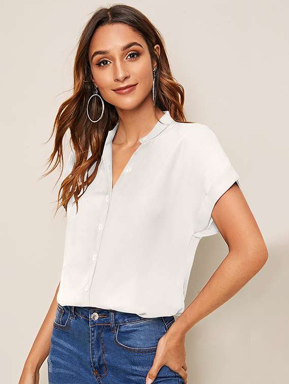 women solid mandarin neck short sleeve top - 22268028 -  Standard Image - 2