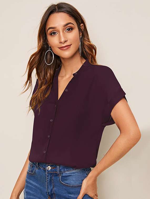 women solid mandarin neck short sleeve top - 22268029 -  Standard Image - 2