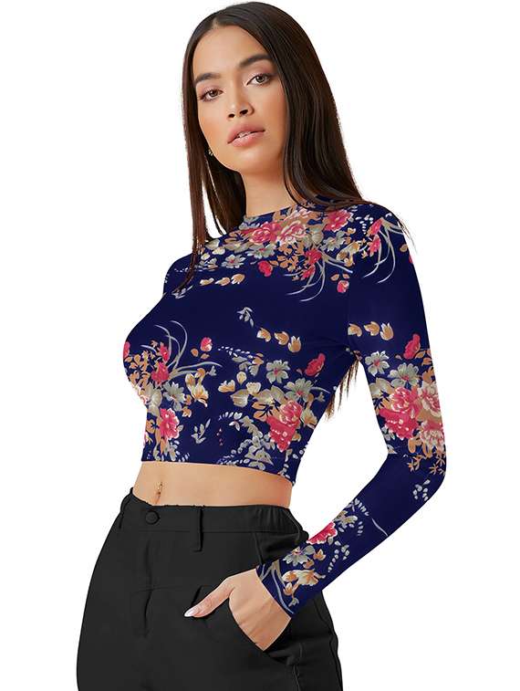 women floral print long sleeve crop top - 22268030 -  Standard Image - 2