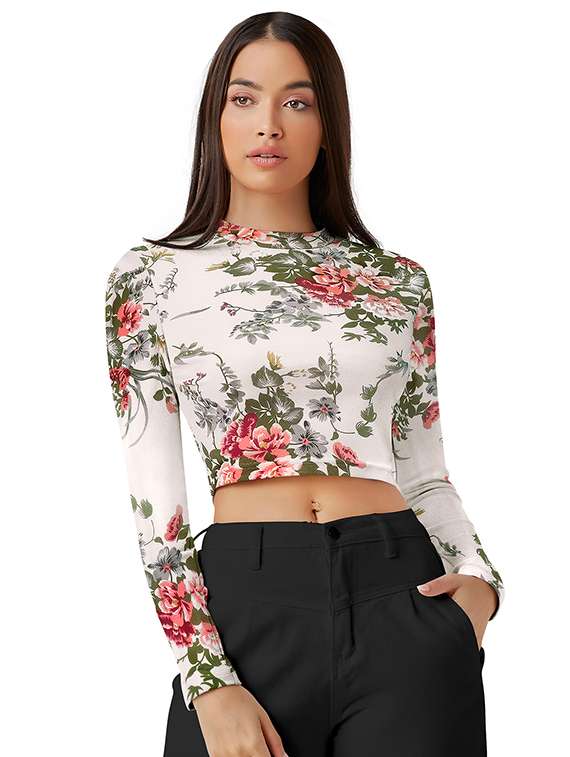 women floral print long sleeve crop top