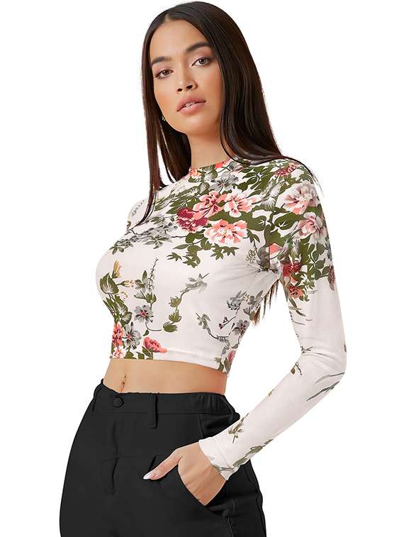 women floral print long sleeve crop top - 22268031 -  Standard Image - 2